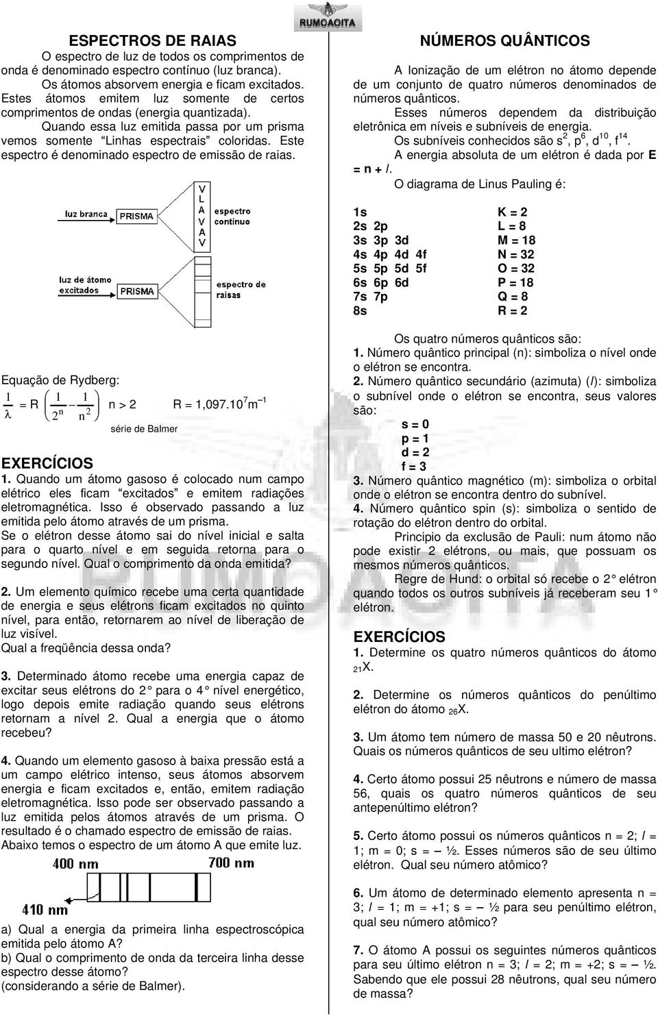 Este espectro é denominado espectro de emissão de raias. NÚMEROS QUÂNTICOS A Ionização de um elétron no átomo depende de um conjunto de quatro números denominados de números quânticos.