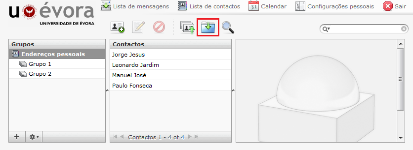 Passo 2 Para exportar todos os contactos, clicar em Endereços Pessoais e de seguida clicar no botão Exportar contactos.