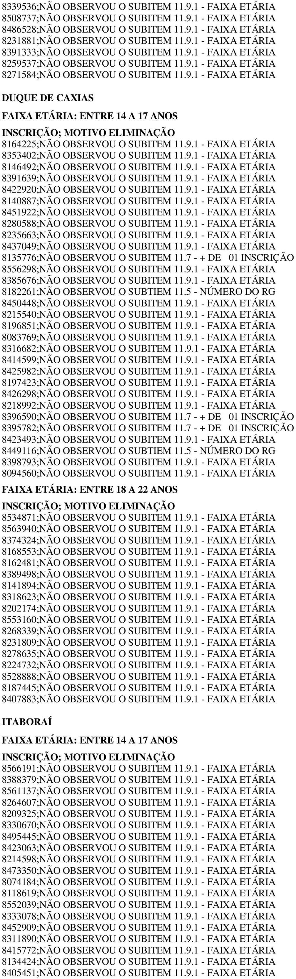 9.1 - FAIXA ETÁRIA 8146492;NÃO OBSERVOU O SUBITEM 11.9.1 - FAIXA ETÁRIA 8391639;NÃO OBSERVOU O SUBITEM 11.9.1 - FAIXA ETÁRIA 8422920;NÃO OBSERVOU O SUBITEM 11.9.1 - FAIXA ETÁRIA 8140887;NÃO OBSERVOU O SUBITEM 11.