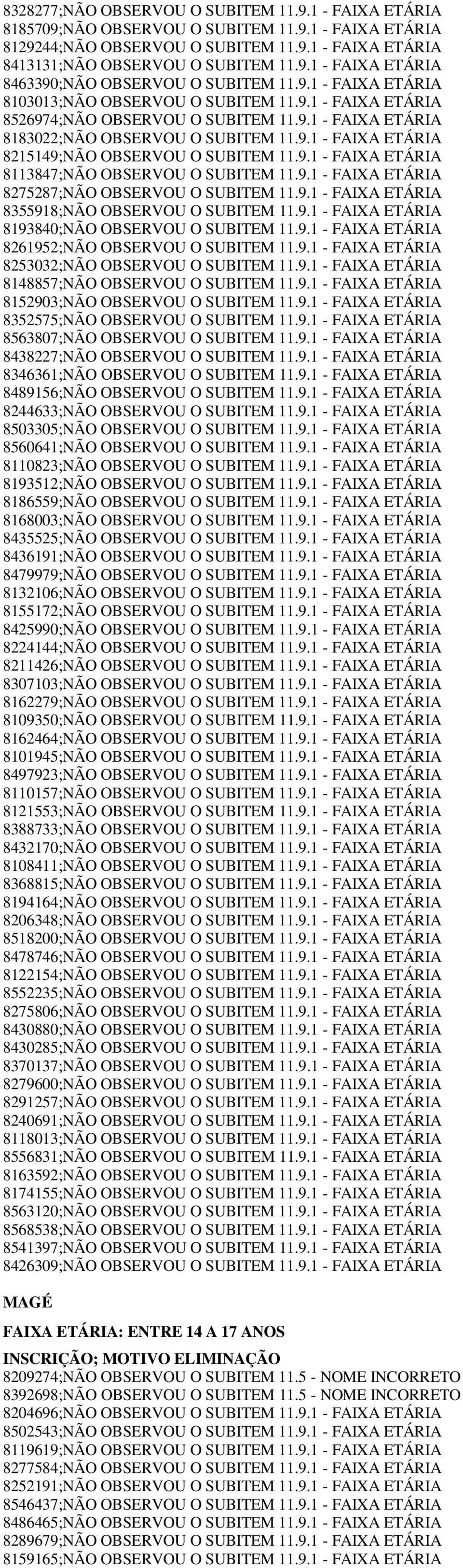 9.1 - FAIXA ETÁRIA 8113847;NÃO OBSERVOU O SUBITEM 11.9.1 - FAIXA ETÁRIA 8275287;NÃO OBSERVOU O SUBITEM 11.9.1 - FAIXA ETÁRIA 8355918;NÃO OBSERVOU O SUBITEM 11.9.1 - FAIXA ETÁRIA 8193840;NÃO OBSERVOU O SUBITEM 11.