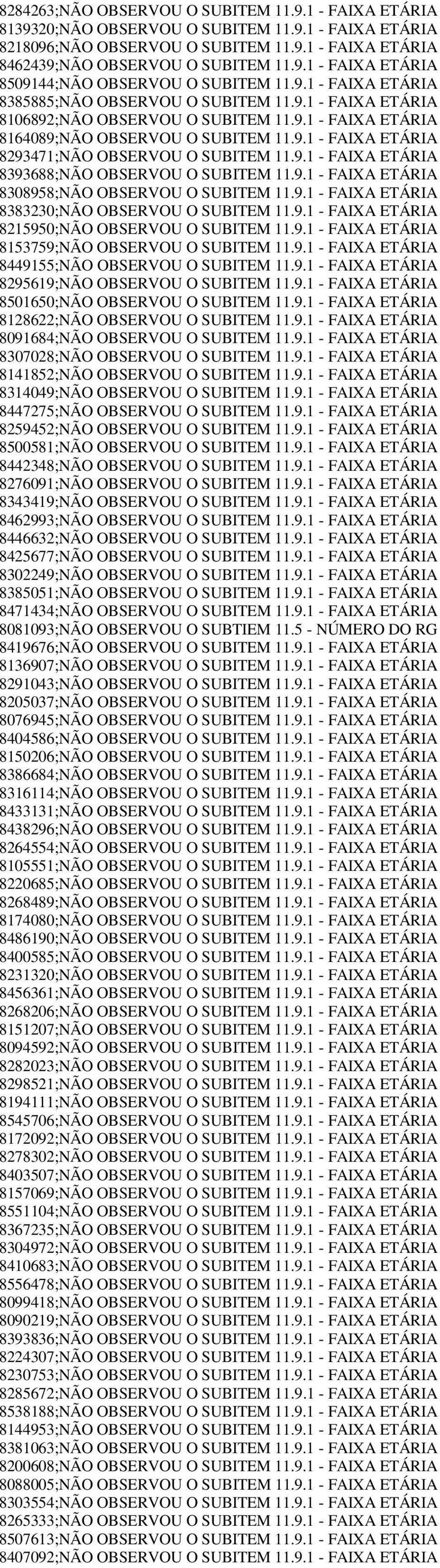 9.1 - FAIXA ETÁRIA 8393688;NÃO OBSERVOU O SUBITEM 11.9.1 - FAIXA ETÁRIA 8308958;NÃO OBSERVOU O SUBITEM 11.9.1 - FAIXA ETÁRIA 8383230;NÃO OBSERVOU O SUBITEM 11.9.1 - FAIXA ETÁRIA 8215950;NÃO OBSERVOU O SUBITEM 11.