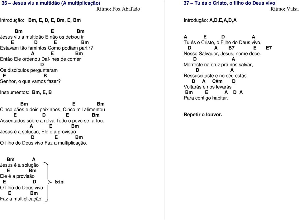 Instrumentos: Bm, E, B Bm E Bm Cinco pães e dois peixinhos, Cinco mil alimentou E D E Bm Assentados sobre a relva Todo o povo se fartou.