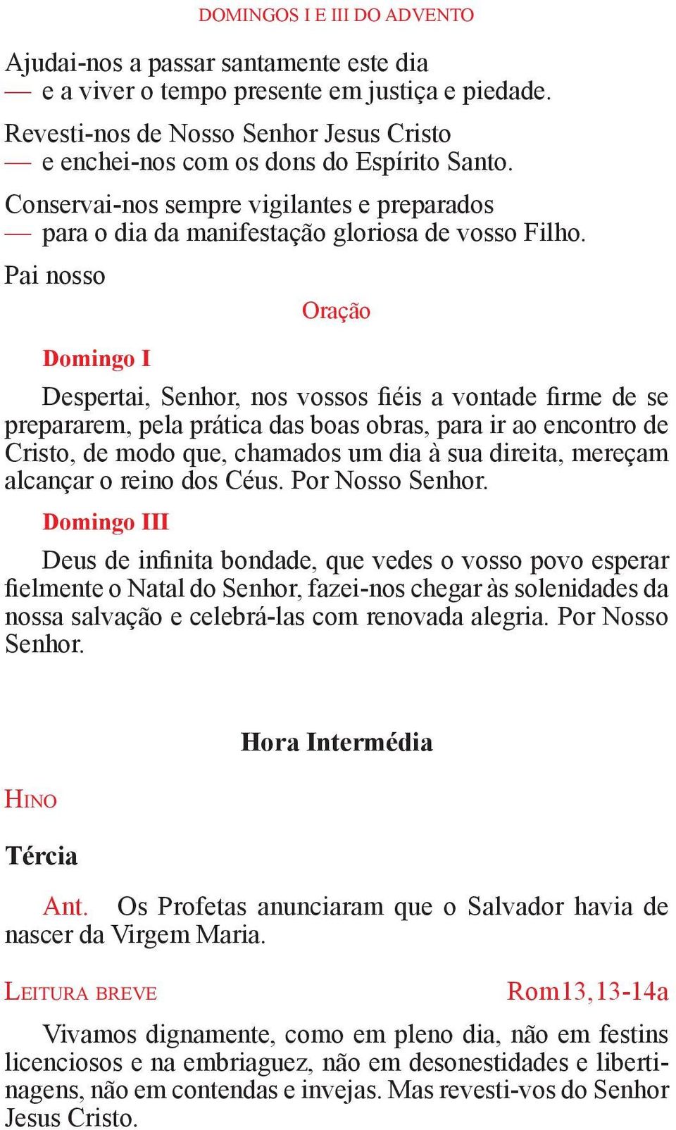 Pai nosso Domingo I Oração Despertai, Senhor, nos vossos fiéis a vontade firme de se prepararem, pela prática das boas obras, para ir ao encontro de Cristo, de modo que, chamados um dia à sua