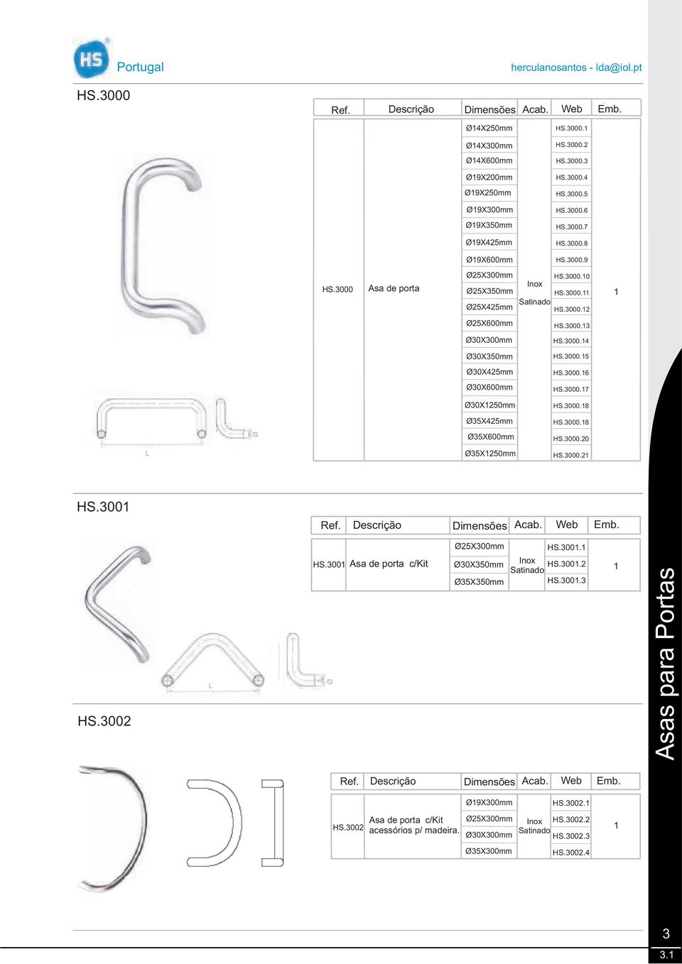 3000.7 Ø30X2mm HS.3000.8 Ø35X4mm HS.3000.8 Ø35X0mm HS.3000. L Ø35X2mm HS.3000.2 HS.300 HS.3002 L HS.300 Asa de porta c/kit ØX300mm Ø30X3mm Ø35X3mm HS.300. HS.300.2 HS.300.3 Asas para Portas Dimensões HS.