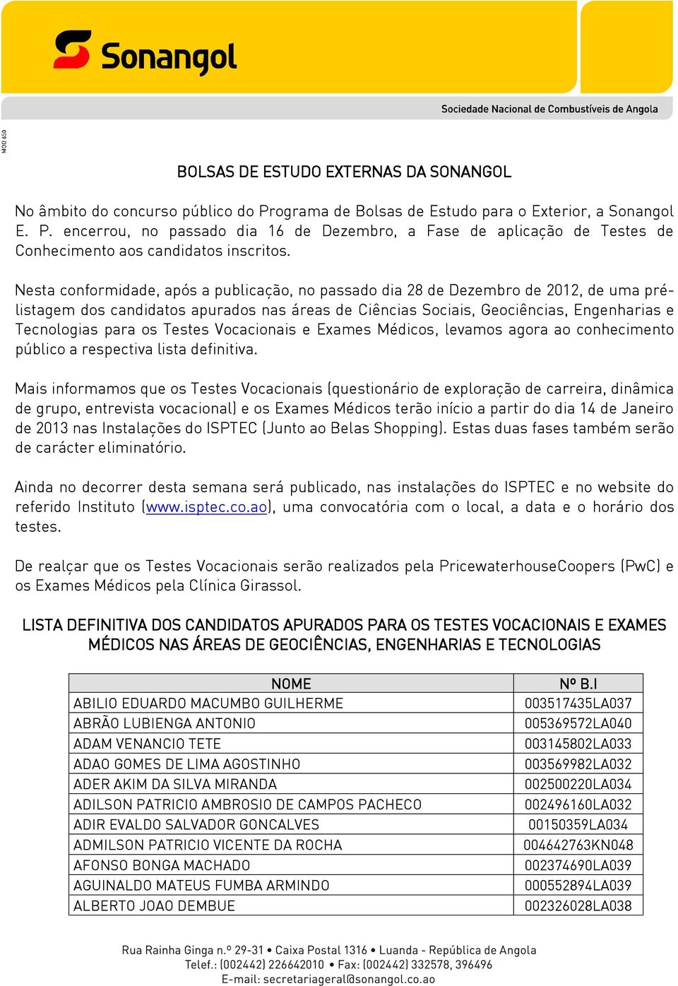 BOLSAS DE ESTUDO EXTERNAS DA SONANGOL - PDF Download grátis