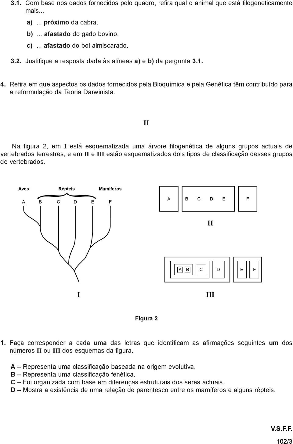 II Na figura 2, em I está esquematizada uma árvore filogenética de alguns grupos actuais de vertebrados terrestres, e em II e III estão esquematizados dois tipos de classificação desses grupos de