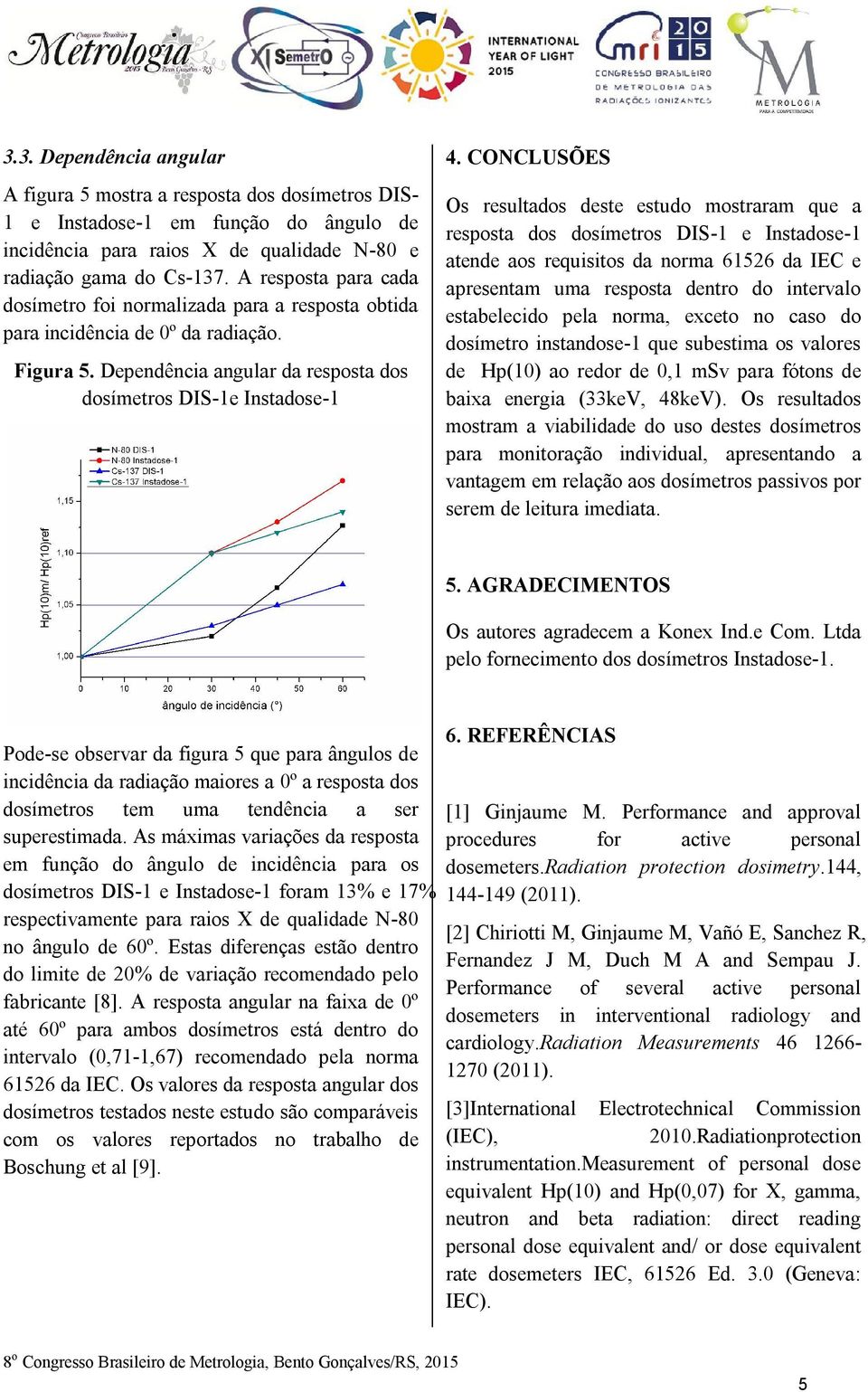 CONCLUSÕES Os resultados deste estudo mostraram que a resposta dos dosímetros DIS-1 e Instadose-1 atende aos requisitos da norma 61526 da IEC e apresentam uma resposta dentro do intervalo