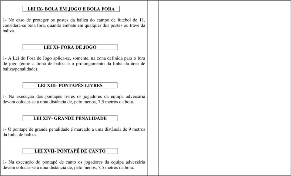 LEI XIII- PONTAPÉS LIVRES 1- Na execução dos pontapés livres os jogadores da equipa adversária devem colocar-se a uma distância de, pelo menos, 7,5 metros da bola.