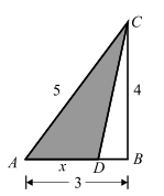 14. Na figura ao lado, está representada um triângulo retângulo [ABC] cujos lados medem 3, 4 e 5. Considere que um ponto D se desloca ao longo do cateto [AB], nunca coincidindo com o ponto A.