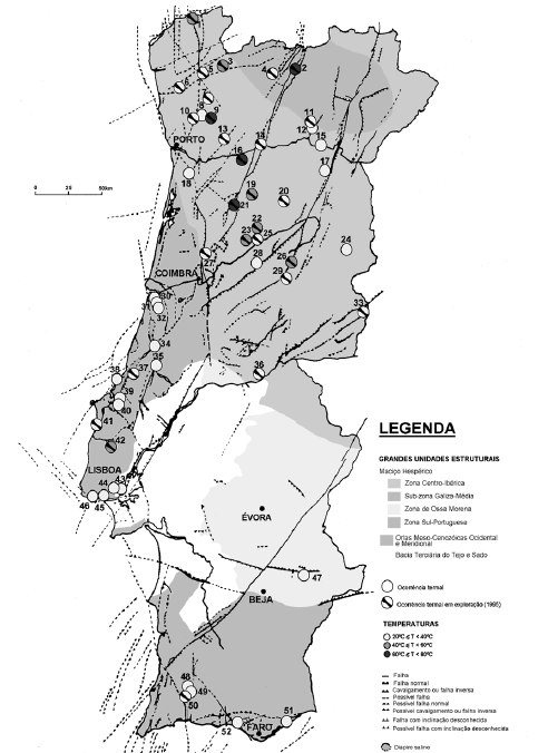 Figura 20 - Distribuição, por temperaturas, das ocorrências termais nas grandes unidades estruturais adaptado de (LOURENÇO & CRUZ, Aproveitamentos Geotérmicos em Portugal Continental Continental,