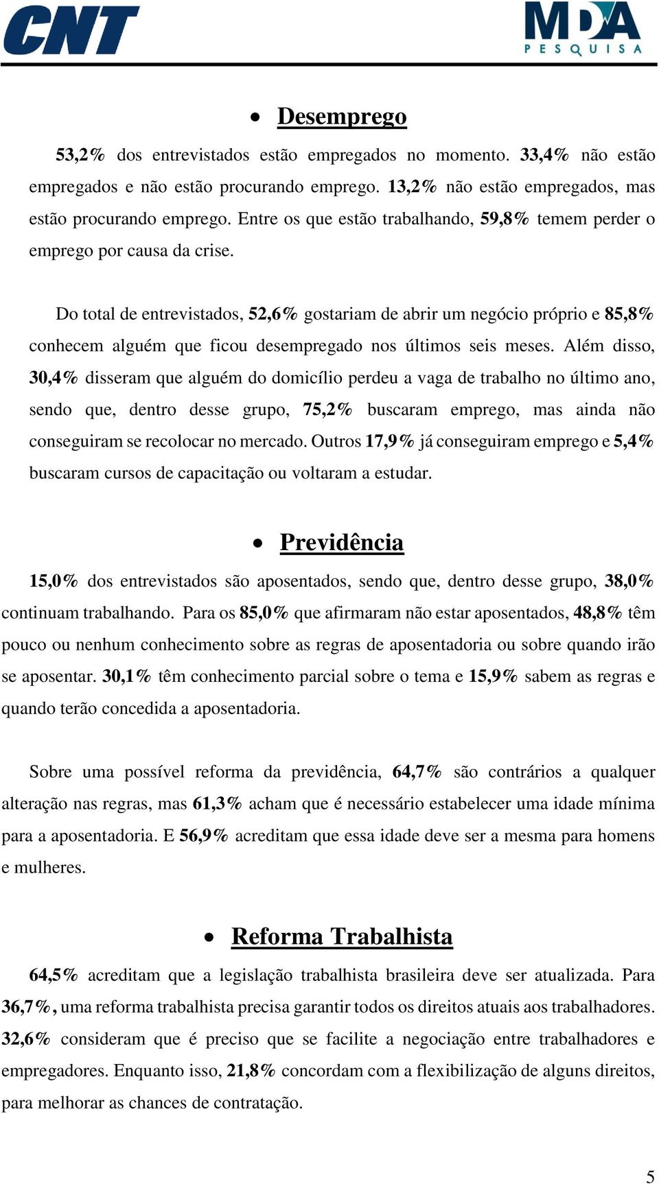 Do total de entrevistados, 52,6% gostariam de abrir um negócio próprio e 85,8% conhecem alguém que ficou desempregado nos últimos seis meses.