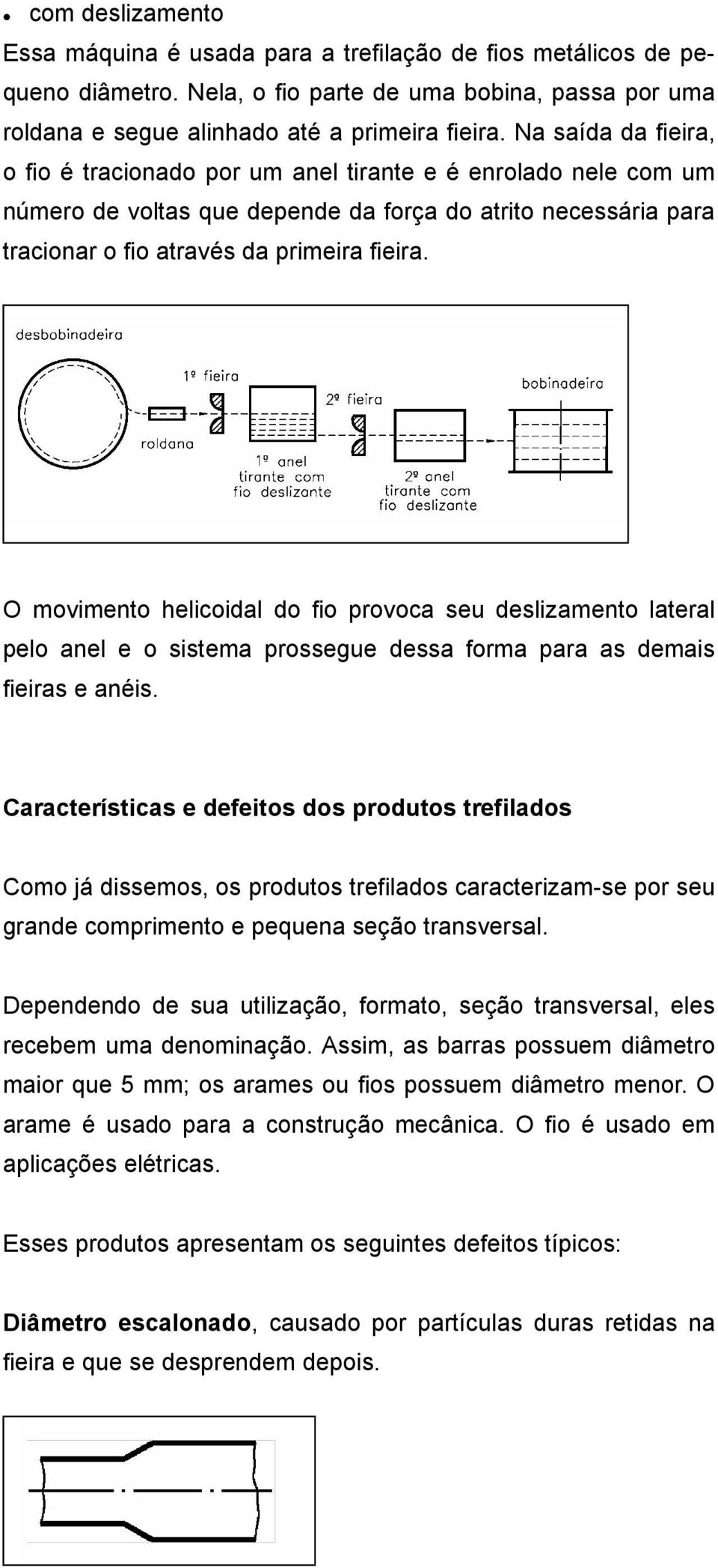 O movimento helicoidal do fio provoca seu deslizamento lateral pelo anel e o sistema prossegue dessa forma para as demais fieiras e anéis.