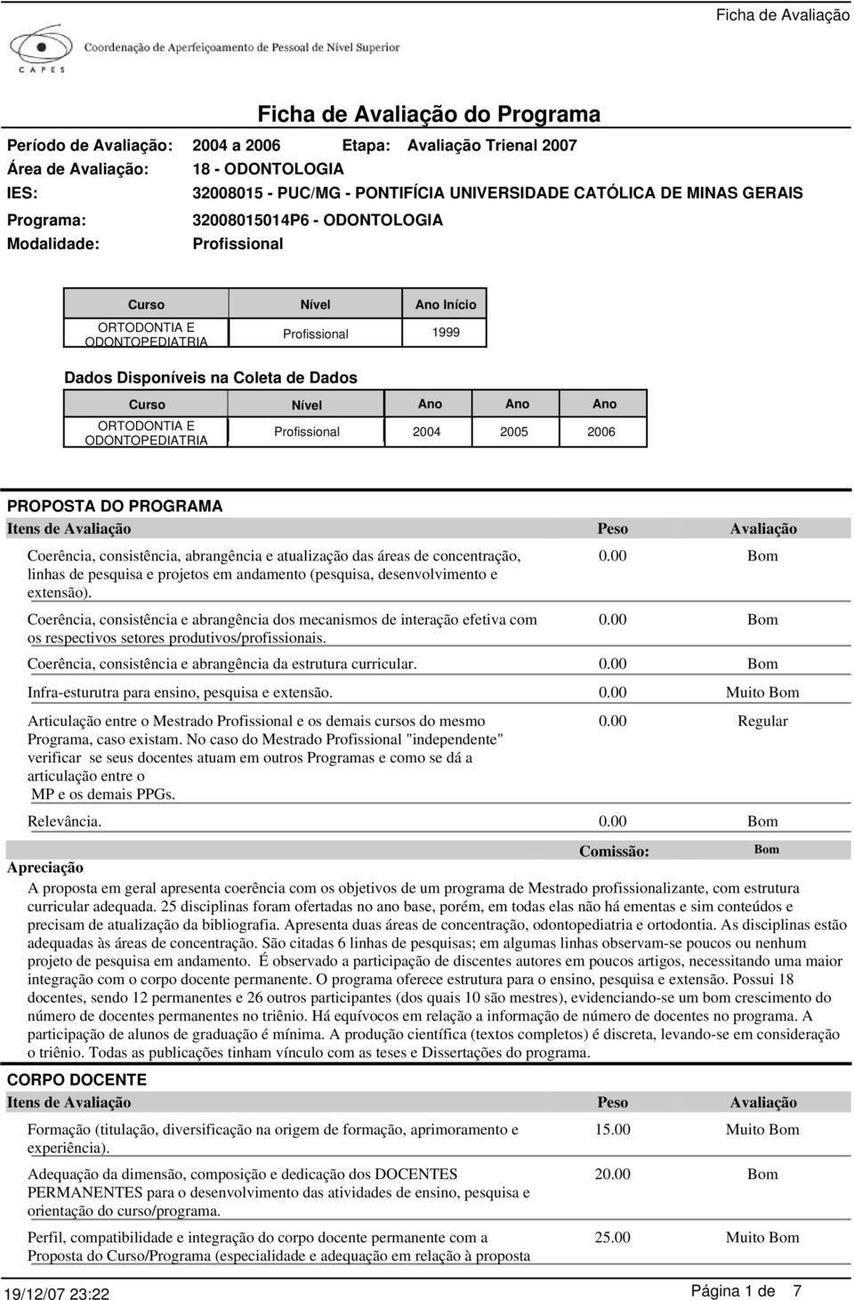 2006 PROPOSTA DO PROGRAMA Itens de Coerência, consistência, abrangência e atualização das áreas de concentração, linhas de pesquisa e projetos em andamento (pesquisa, desenvolvimento e extensão).