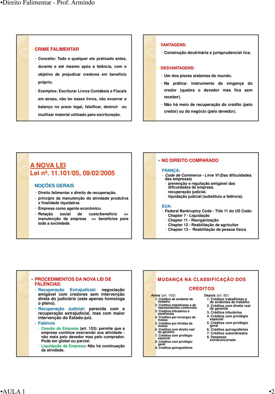 VANTAGENS: Construção doutrinária e jurisprudencial rica. DESVANTAGENS: Um dos piores sistemas do mundo. Na prática: instrumento de vingança do credor (quebra o devedor mas fica sem receber).