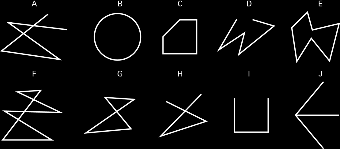 1. Observa as linhas seguintes. 1.1. Identifica: a) as linhas poligonais; b) as linhas poligonais simples; c) as linhas poligonais fechadas. 1.2.