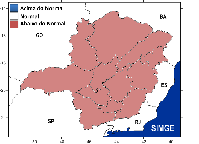 SIMGE-IGAM PREVISÃO PARA O MÊS DE SETEMBRO O mês de setembro ficará com valores ligeiramente abaixo da média climatológica em todas as regiões do estado de Minas Gerais.
