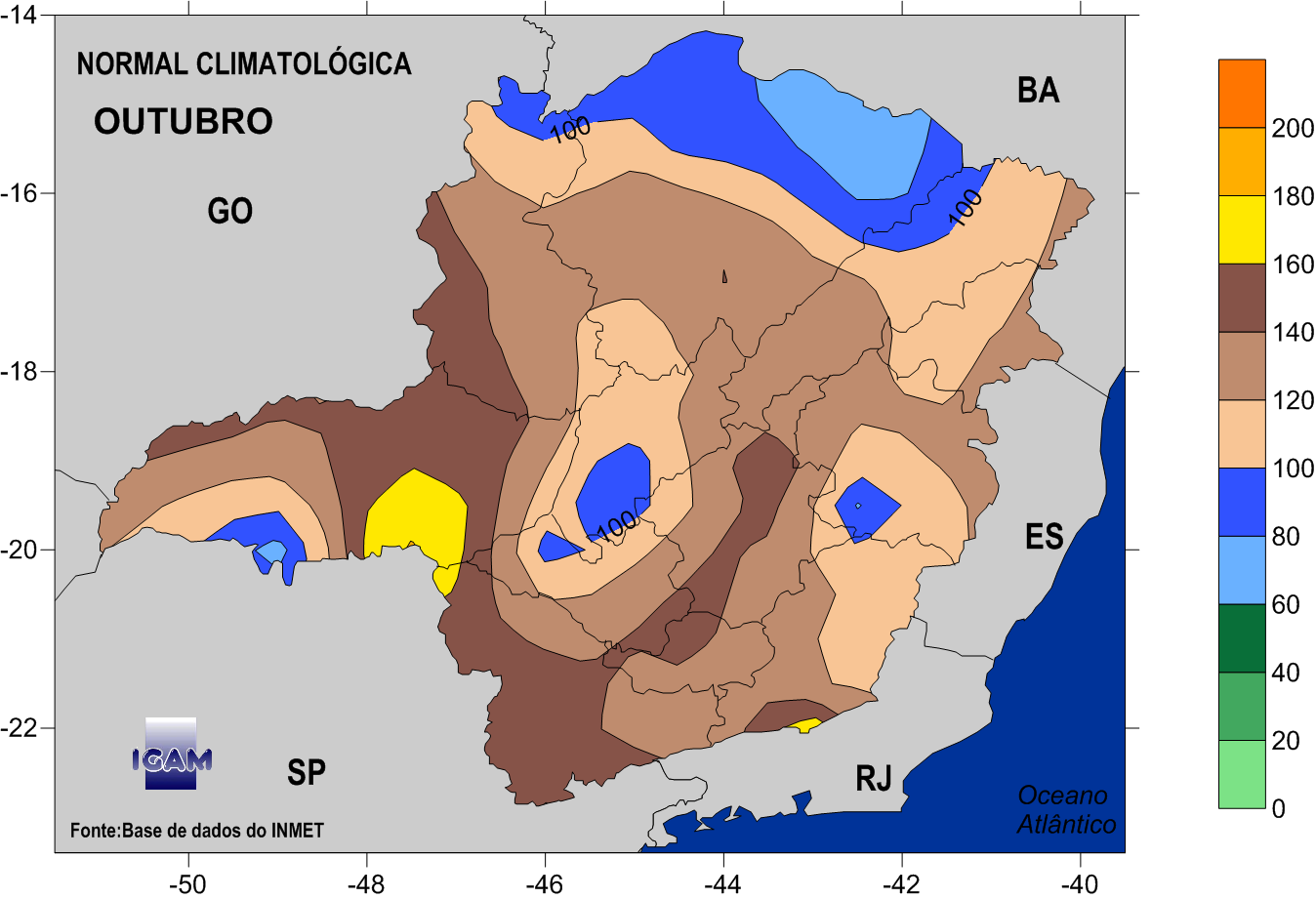 MÊS DE OUTUBRO No mês de outubro o índice pluviométrico passa dos 170 mm/mês em algumas regiões.