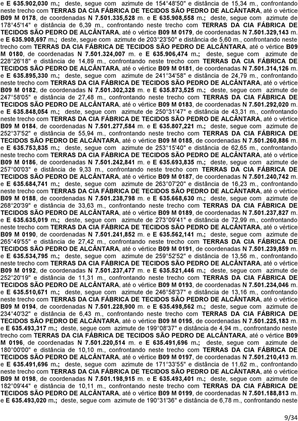 501.329,143 m. e E 635.908,697 m.; deste, segue com azimute de 203 23'50" e distância de 5,60 m., confrontando neste M 0180, de coordenadas N 7.501.324,007 m. e E 635.906,474 m.