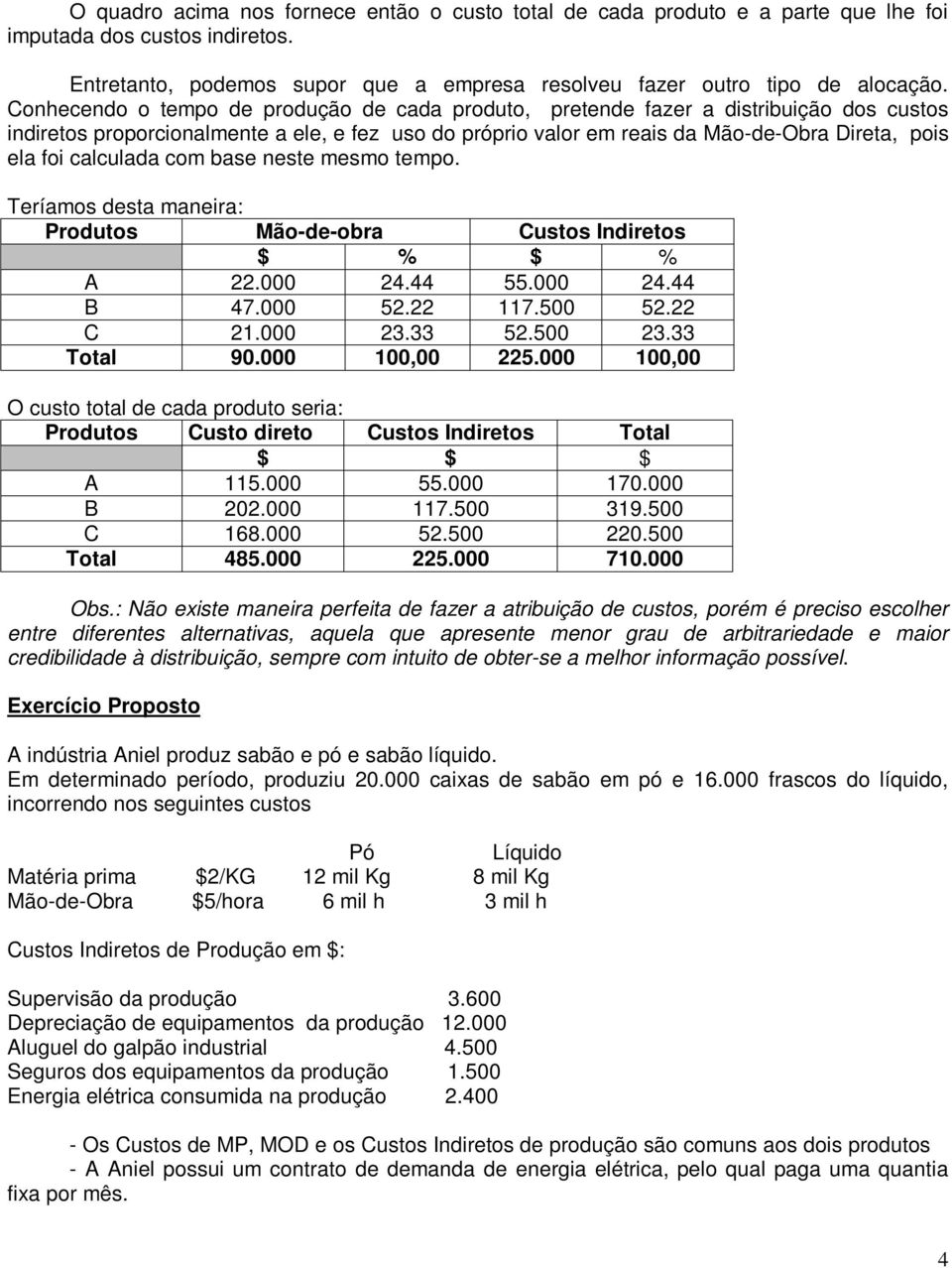 calculada com base neste mesmo tempo. Teríamos desta maneira: Produtos Mão-de-obra Custos Indiretos $ % $ % A 22.000 24.44 55.000 24.44 B 47.000 52.22 117.500 52.22 C 21.000 23.33 52.500 23.