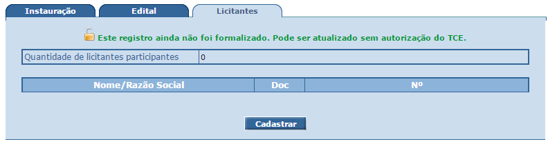 Aba Licitantes / Licit. Vencedores. Para processos com recursos do BID ou do BIRD a aba Licitantes passa a ter o nome Licit. Vencedores. Para estes processos, diferente dos demais, deverão ser cadastrados apenas os licitantes vencedores e não todos os participantes.