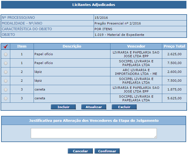 Figura 25 Tela da aba Adjudicação/Homologação com informações de todos os