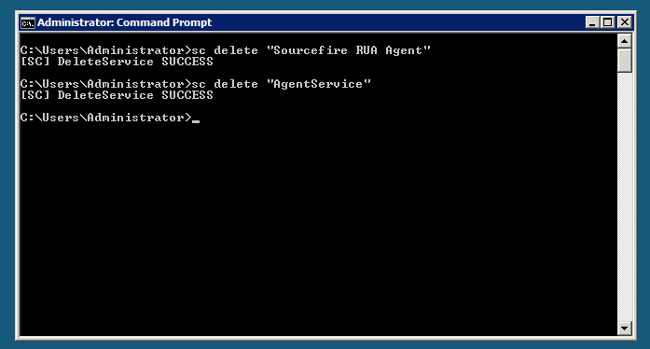 Veja as propriedades do agente de usuário de Sourcefire Uma vez que os nomes do serviço são indicados, execute os comandos abaixo suprimir do serviço: C:\Users\Administrator>sc delete "Sourcefire RUA