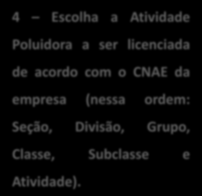 Efetuando uma nova solicitação Selecionando o tipo de empreendimento a ser licenciado no ANEXO IV ATIVIDADES POLUIDORAS 4 Escolha a