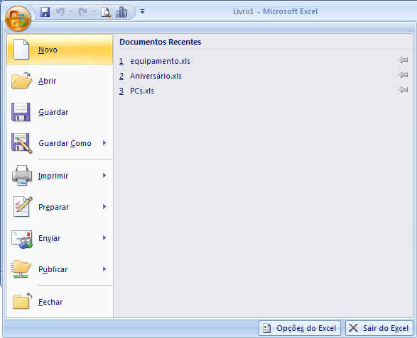 OPERAÇÕES COM FOLHAS DE CÁLCULO Criar um documento novo Para criar uma nova folha de cálculo no Excel 2007, basta executar o programa, uma vez que o Excel, ao iniciar, cria desde logo um documento