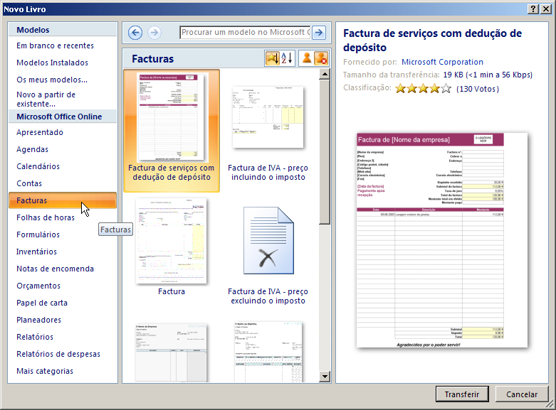 Em seguida abre-se uma janela de diálogo que lhe permite escolher qual o tipo de documento a criar.