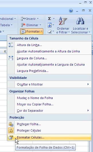 Formatação de células Dados Um tipo de formatação de células muito importante é o que determina qual o tipo de dados a exibir.