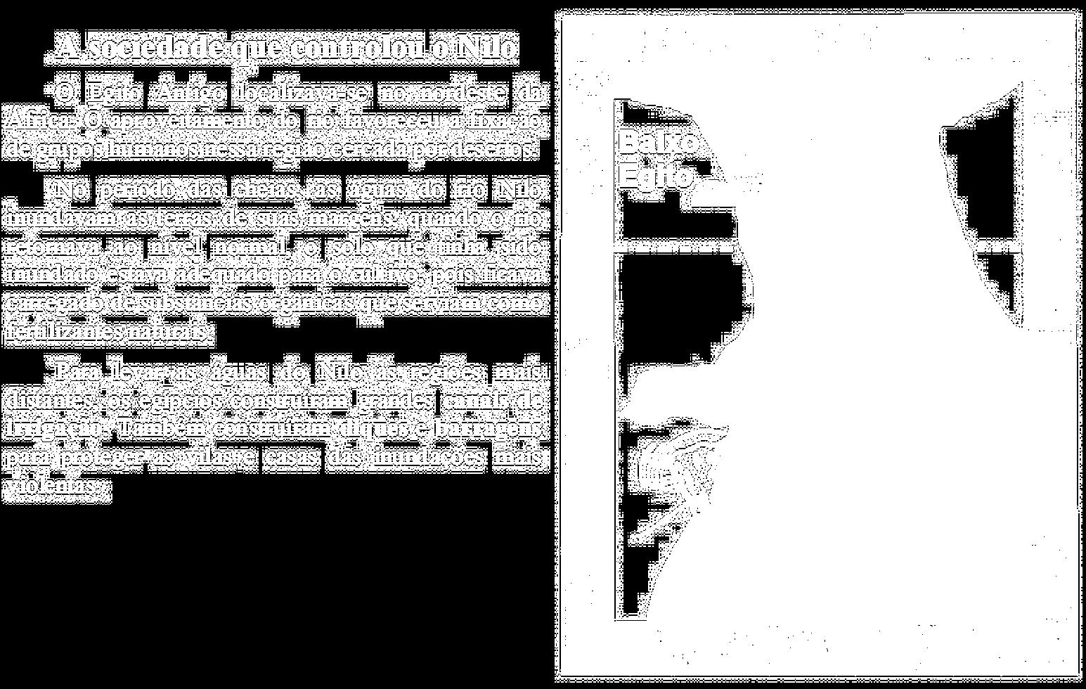 Texto para as questões 07 e 08. 07. Qual das duas regiões (Alto Egito e Baixo Egito) possuía a maior parte do solo apropriada para a prática da agricultura? Justifique. 08. É correto afirmar que durante a época das cheias no Nilo, os povos que habitavam as margens do rio mudavam de local por causa das inundações?