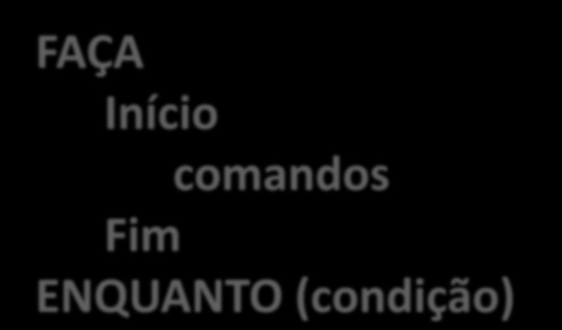 Repetição: Pseudocódigo FAÇA Início comandos Fim ENQUANTO (condição) Teste Condicional FIM A estrutura acima repete ENQUANTO a (condição)