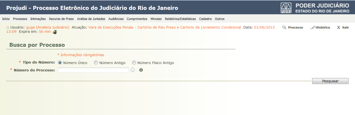 A tela abaixo será apresentada: Figura 3 Tela Busca por Processo Neste tipo de busca, só é possível fazer consultas por números de processo, conforme os três Tipos de Números apresentados: Número