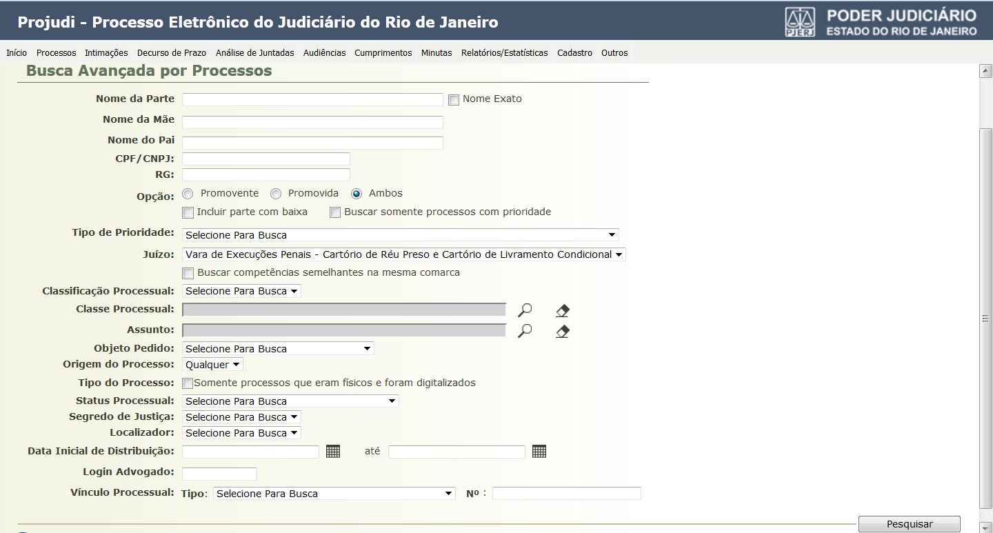 Busca Avançada por Processos Acesse no menu Processos, Busca Avançada 1º Grau. Figura 7 Busca Avançada 1º Grau. A tela abaixo será apresentada.