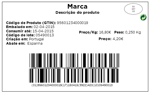 Unidades de consumo Figura 6 - Etiqueta-exemplo para utilizar na unidade de consumo (GS1 DataBar) com o preço do produto codificado em código de barras Figura 7 - Etiqueta-exemplo para utilizar na