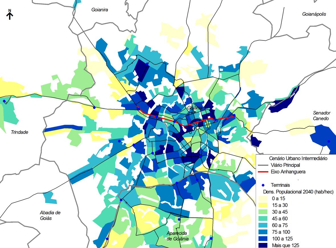 Figura 2-5: Densidade populacional em Goiânia e áreas conurbadas em 2030 por zona de tráfego