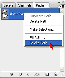 Pressione a tecla <P> para selecionar a ferramenta Pen Tool, marque as opções Paths e Pen Tool na barra de propriedades da ferramenta. Crie uma linha curva como na imagem abaixo.