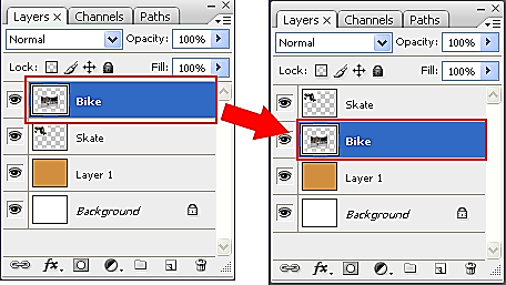 Para alterar a posição de uma layer, vá até a paleta Layers, selecione a layer a ser movida, clique e mantenha pressionado o botão esquerdo do mouse sobre ela e