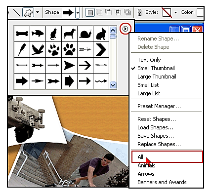 Podemos aplicar alguns Shapes no projeto para dar uma enfeitada. Para isso, basta selecionar a ferramenta Custom Shape Tool. Depois de selecionada, faça os ajustes em sua barra de propriedades.