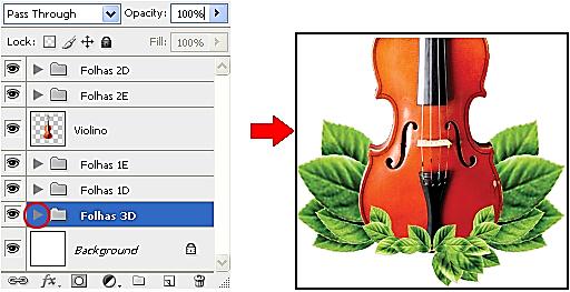 Pressione a tecla <V> para selecionar a ferramenta Move Tool, posicione as folhas na parte inferior do violino, pressione <Ctrl>+<T> para abrir a caixa Free Transform e rotacionar as folhas.