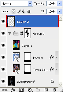 Clique na layer Nuvem e no ícone Create a new layer no rodapé da paleta Layers, mude o modo Blend da layer para Color.