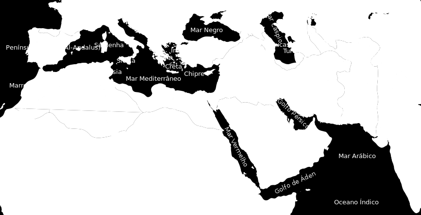 Mapa da expansão Árabe, com os limites políticos atuais.