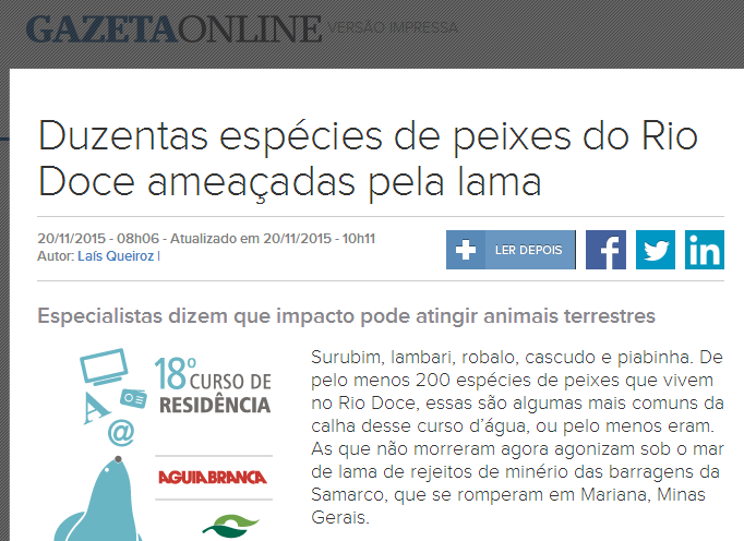 Hiperinflação de espécies Manchete da Gazeta Online 20/NOV/2015 FONTE: http://www.gazetaonline.com.