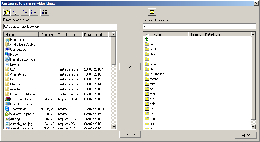 VI Restauração dos arquivos. 6.1. Através da opção Transferir para Host Linux, no S.O.S Backup Arquivo Transferir para Linux; 6.2.