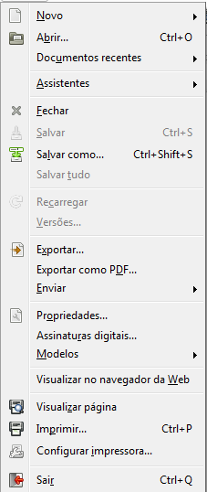 Menu Arquivo Novo: Criar um Novo Arquivo Abrir: Abrir um documento Existente Fechar: Para Fechar o documento atual.