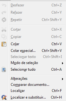 Menu Editar Desfazer: Para voltar uma alteração Refazer: Para refazer uma alteração Cortar: Quando você quiser tirar algo de um lugar e colocar em