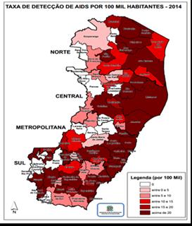 Região Metropolitana com 35,4, Norte com 23,47, Central com 13,39 e Sul com 13,31 indivíduos com HIV/AIDS por 100 mil habitantes, como