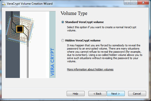 O botão de acesso rápido Create Volume da tela inicial permite que se crie ou cifre um novo volume.
