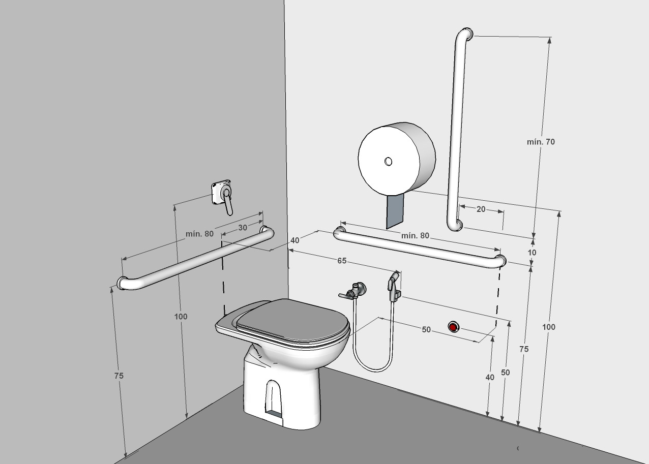 SANITÁRIO ACESSÍVEL alarme cotas em cm Para instalação de bacias sanitárias devem ser previstas áreas de transferência lateral, perpendicular e diagonal.