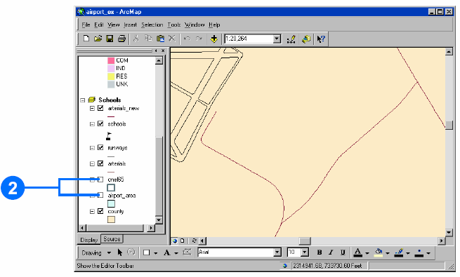 Você edita características no ArcMap usando a barra de ferramentas Editor. Todas as layers de uma workspace (espaço de trabalho) estão disponíveis para serem editadas. 1.